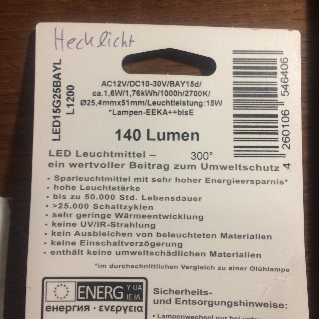 Datenblatt von 1,6 Watt LED als Ersatz f&uuml;r 10 Watt Hecklicht