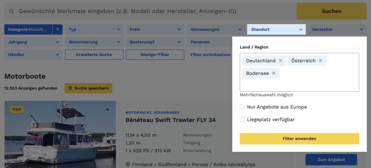 Land, Region, K&uuml;sten und Gew&auml;sser k&ouml;nnen &uuml;ber den Filter &laquo;Standort&raquo; eingegrenzt werden