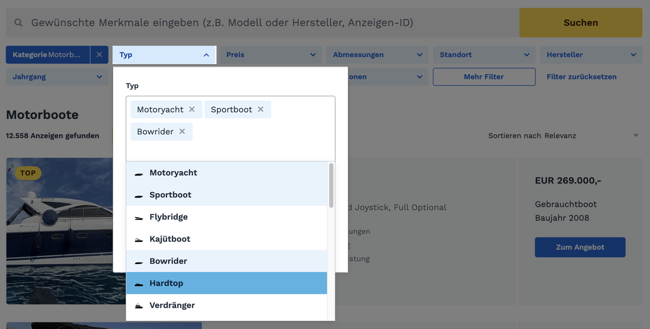 Beispiel einer Mehrfachauswahl beim Bootstyp