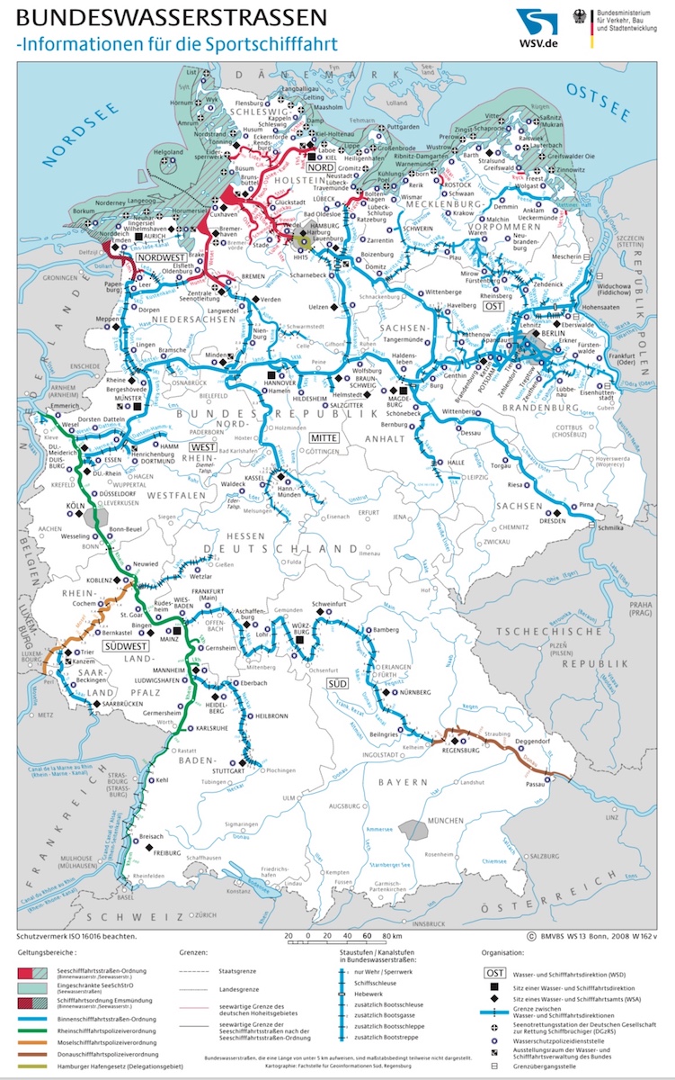 Die Karte zeigt die verschiedenen Wasserstra&szlig;en mit jeweiligen Vorschriften