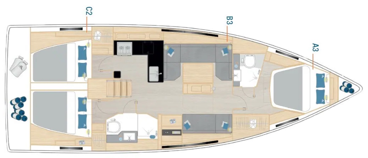 Der Einrichtungsplan der aktuellen Hanse 410 zeigt das beeindruckende Platzangebot vom f&uuml;lligen Bug bis zum breiten Heck