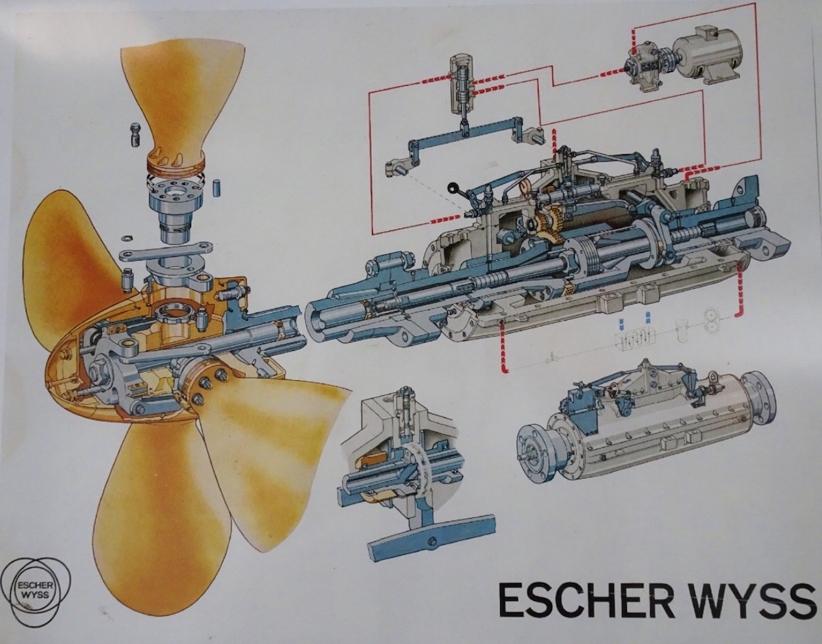 Das Schema des Verstellpropellers Typ S&auml;ntis von Escher Wyss zeigt das komplexe Innenleben