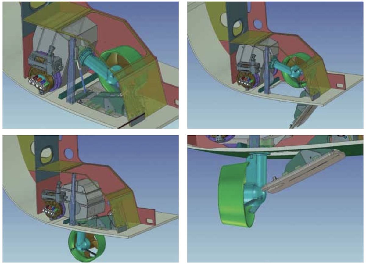 Renderings der Pods von &bdquo;Hetairos&ldquo; in vier verschiedenen Betriebszust&auml;nden. Oben links geborgen, oben rechts vor dem Aussetzen, unten links startklar, unten rechts vor dem Bergen