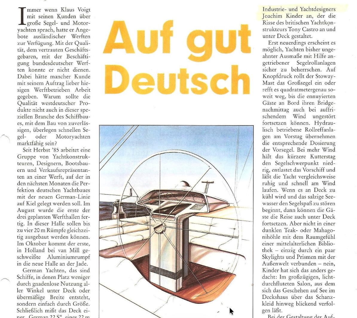 Artikel &uuml;ber German Yachts mit einem Steuerstandentwurf von Joachim Kinder