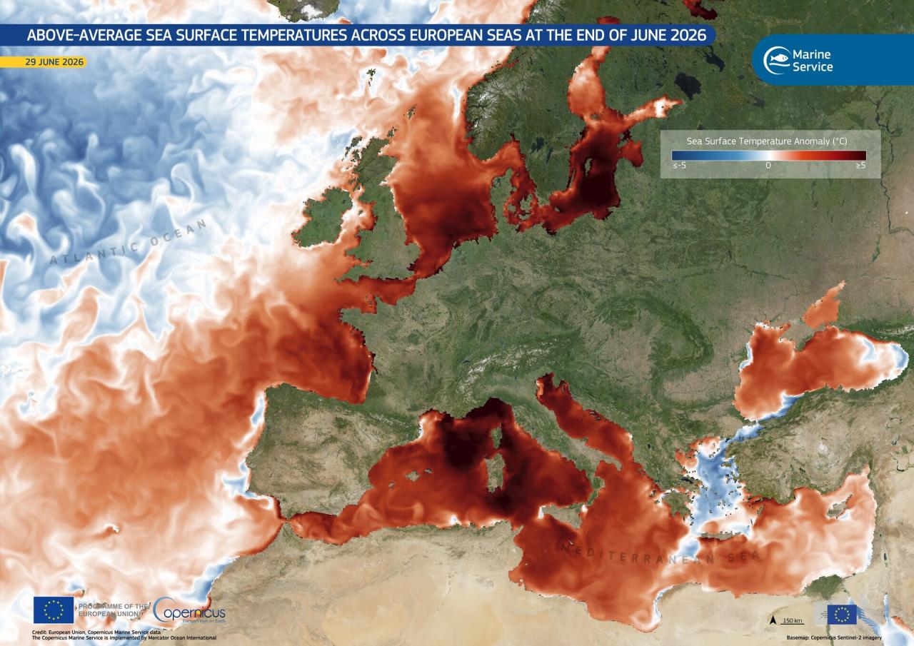 Marine Hitzewelle im August 2026 in Europa &copy; wikipedia/Copernicus Sentinel data 2026